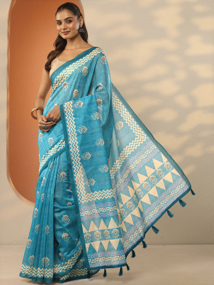 Blue Printed Silk Blend Saree With Unstitched Blouse Piece