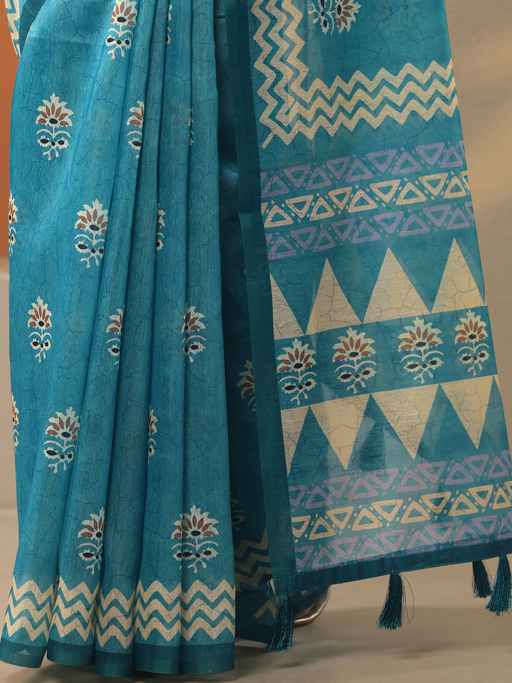 Blue Printed Silk Blend Saree With Unstitched Blouse Piece