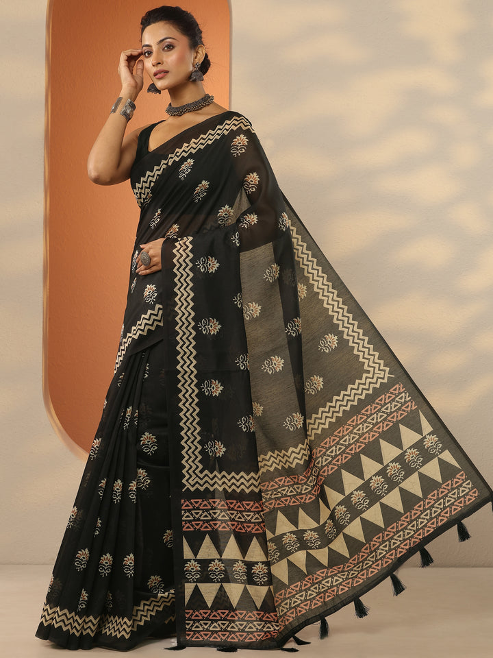 Black Printed Silk Blend Saree With Unstitched Blouse Piece