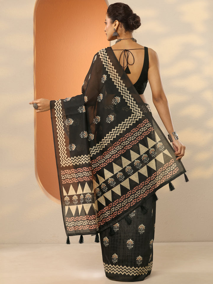 Black Printed Silk Blend Saree With Unstitched Blouse Piece