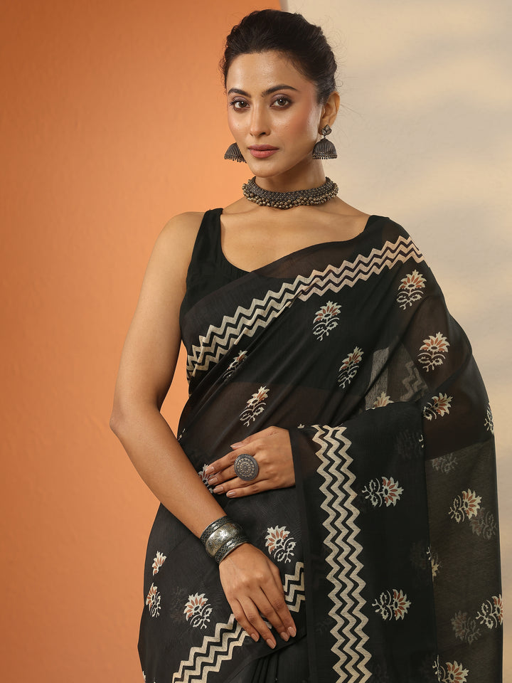 Black Printed Silk Blend Saree With Unstitched Blouse Piece