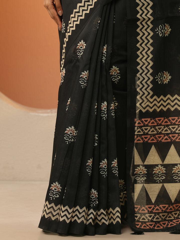 Black Printed Silk Blend Saree With Unstitched Blouse Piece