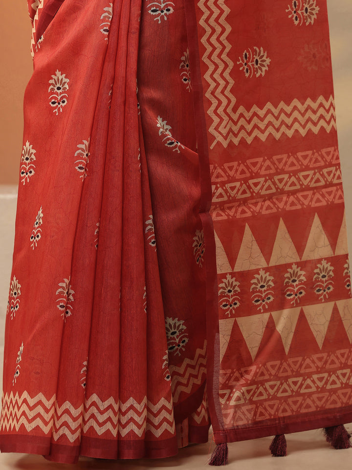 Coral Printed Silk Blend Saree With Unstitched Blouse Piece