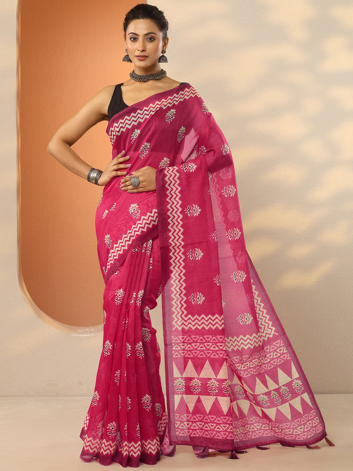 Pink Printed Silk Blend Saree With Unstitched Blouse Piece