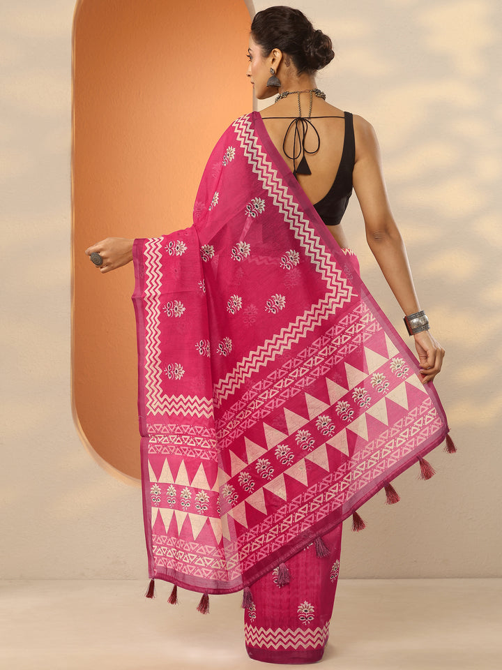 Pink Printed Silk Blend Saree With Unstitched Blouse Piece