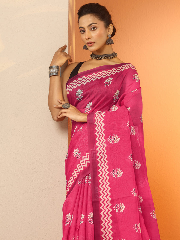 Pink Printed Silk Blend Saree With Unstitched Blouse Piece