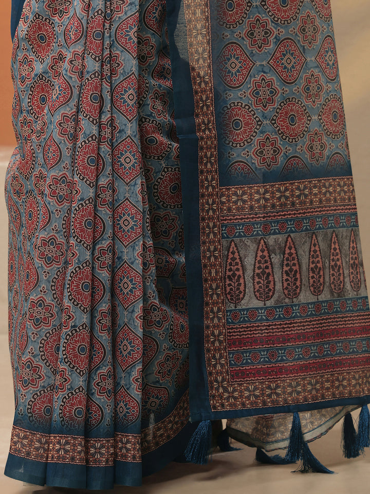 Blue Printed Silk Blend Saree With Unstitched Blouse Piece
