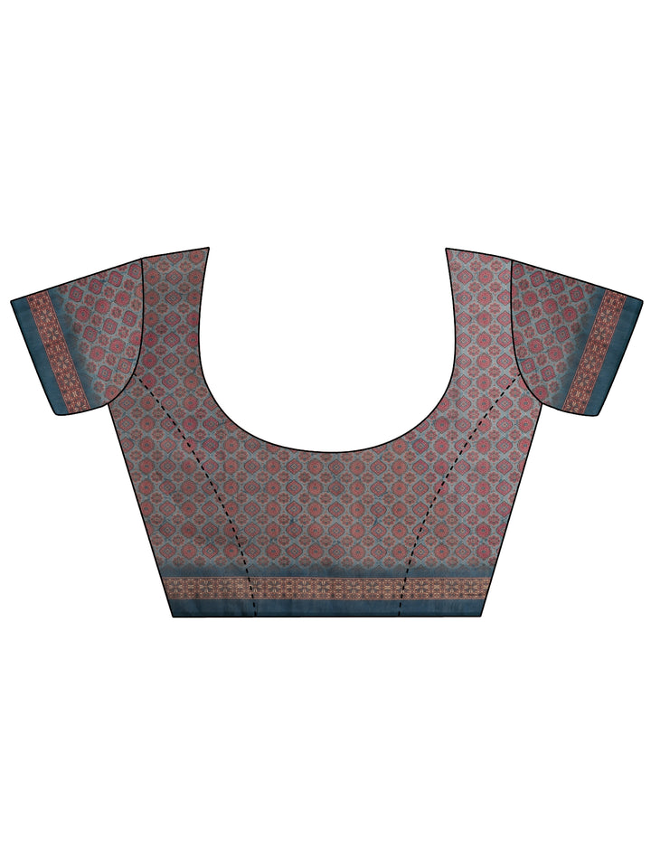 Blue Printed Silk Blend Saree With Unstitched Blouse Piece