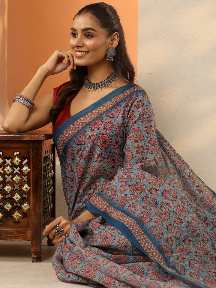 Blue Printed Silk Blend Saree With Unstitched Blouse Piece