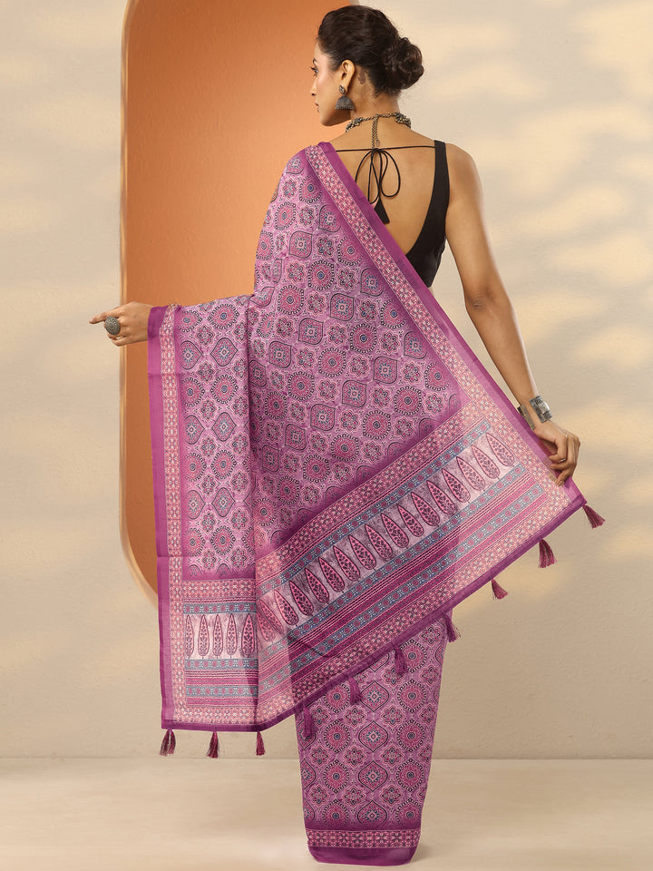 Pink Printed Silk Blend Saree With Unstitched Blouse Piece