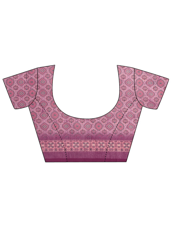 Pink Printed Silk Blend Saree With Unstitched Blouse Piece