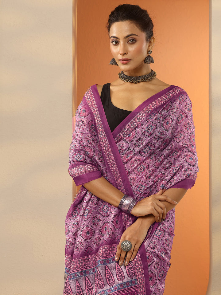 Pink Printed Silk Blend Saree With Unstitched Blouse Piece