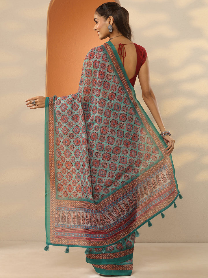 Green Printed Silk Blend Saree With Unstitched Blouse Piece