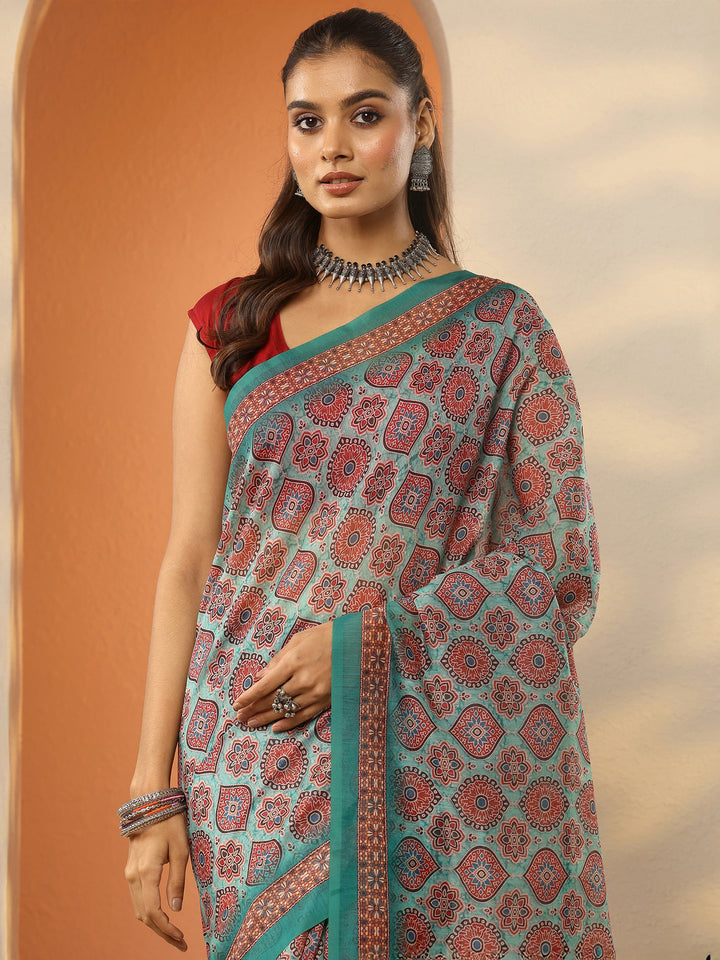 Green Printed Silk Blend Saree With Unstitched Blouse Piece