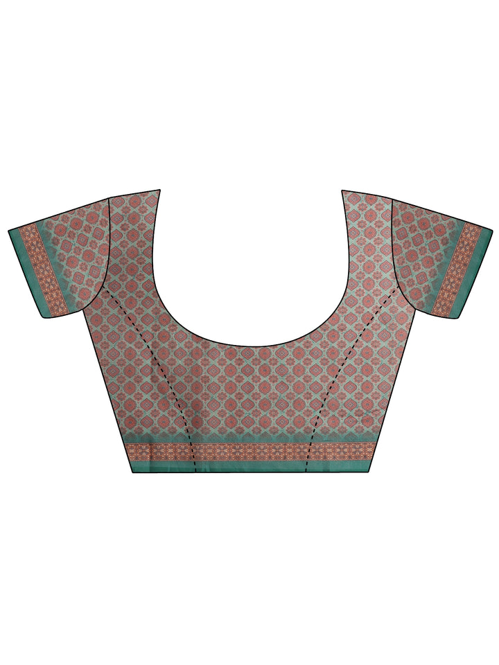 Green Printed Silk Blend Saree With Unstitched Blouse Piece