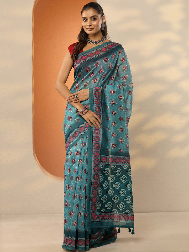 Green Printed Silk Blend Saree With Unstitched Blouse Piece