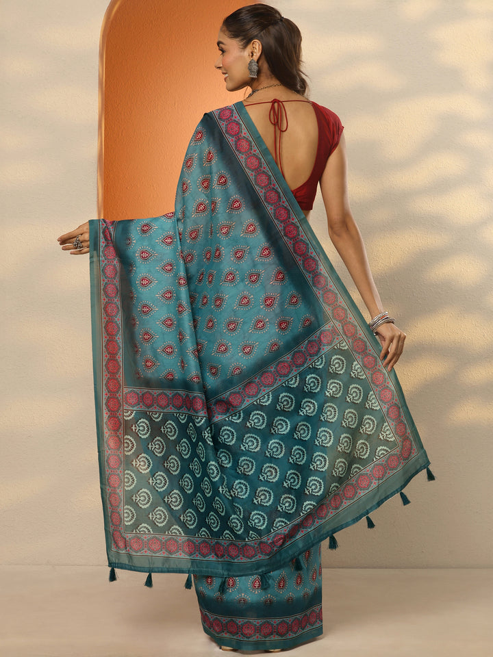 Green Printed Silk Blend Saree With Unstitched Blouse Piece
