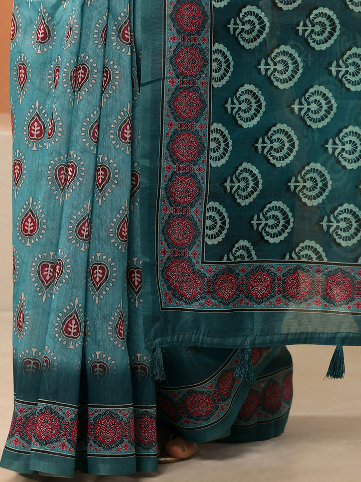 Green Printed Silk Blend Saree With Unstitched Blouse Piece