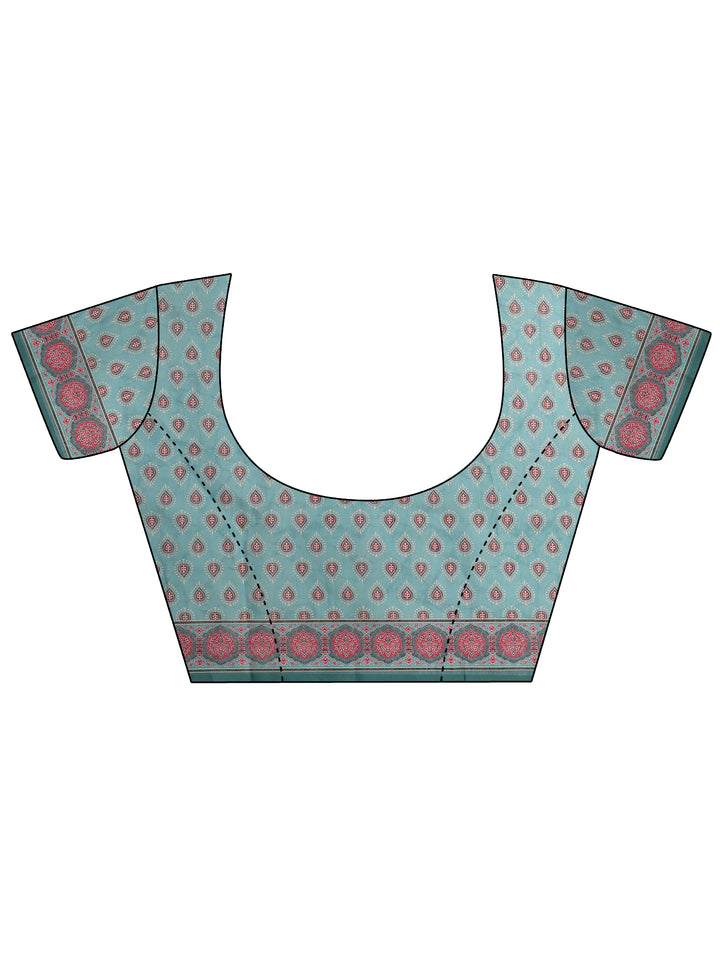 Green Printed Silk Blend Saree With Unstitched Blouse Piece