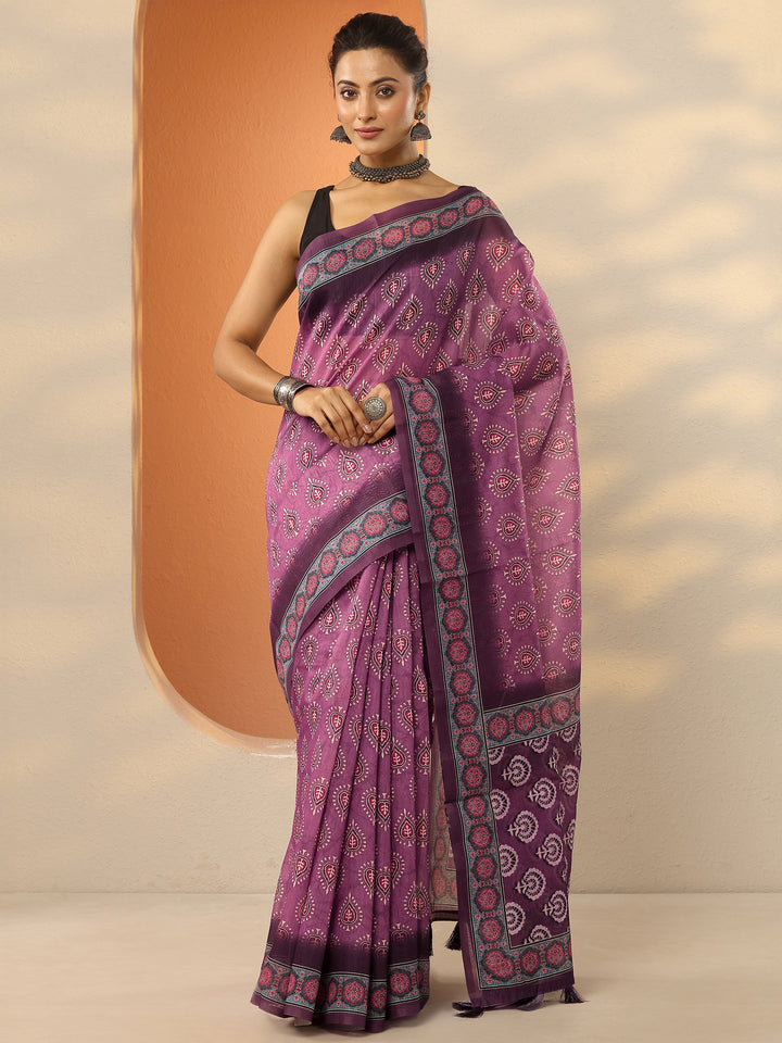 Mauve Printed Silk Blend Saree With Unstitched Blouse Piece