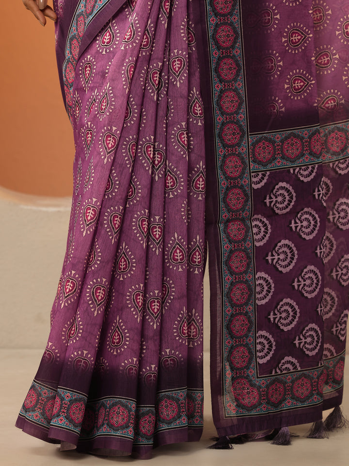 Mauve Printed Silk Blend Saree With Unstitched Blouse Piece