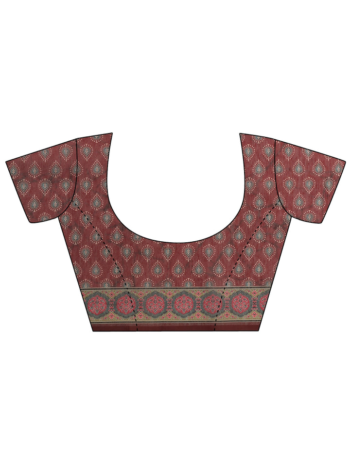 Brown Printed Silk Blend Saree With Unstitched Blouse Piece