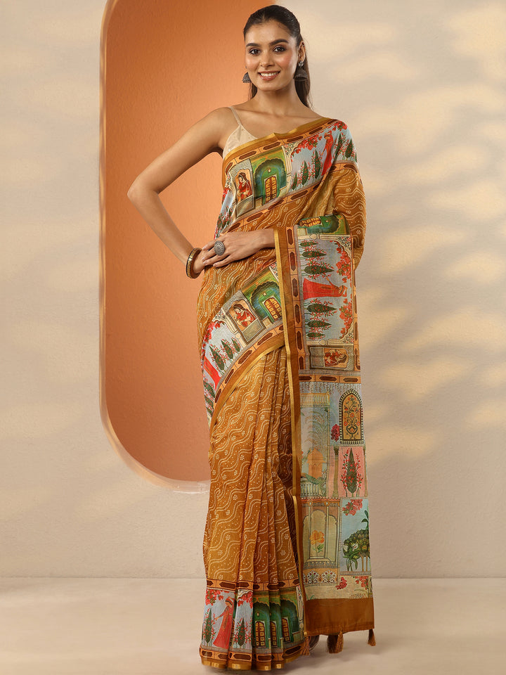 Mustard Bandhani Printed Silk Blend Saree With Unstitched Blouse Piece