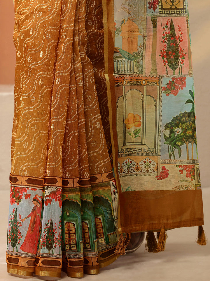 Mustard Bandhani Printed Silk Blend Saree With Unstitched Blouse Piece
