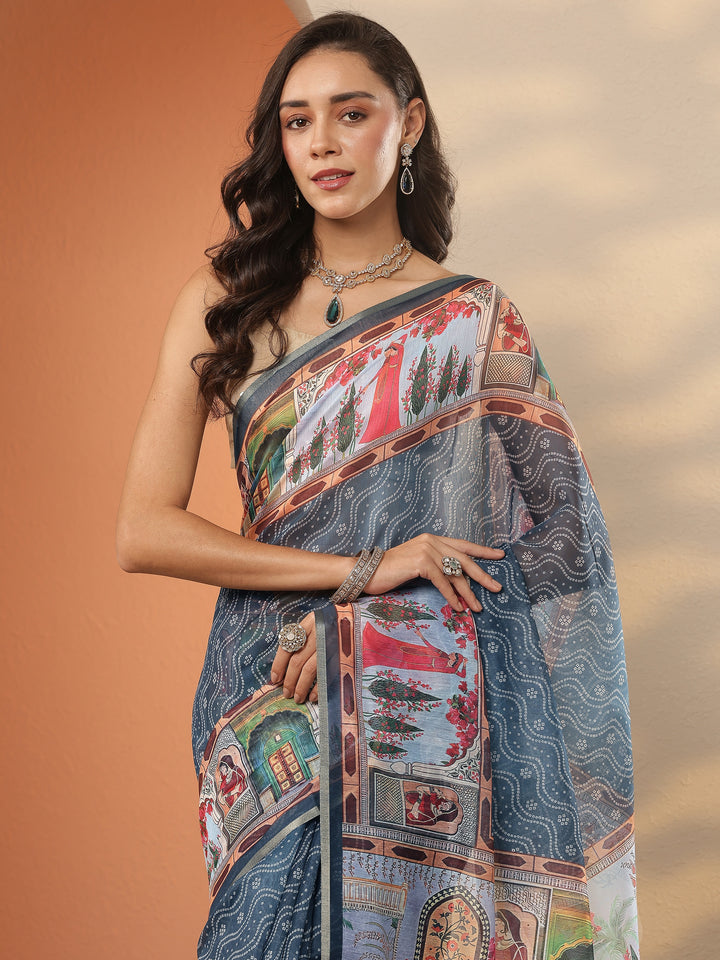 Grey Bandhani Printed Silk Blend Saree With Unstitched Blouse Piece