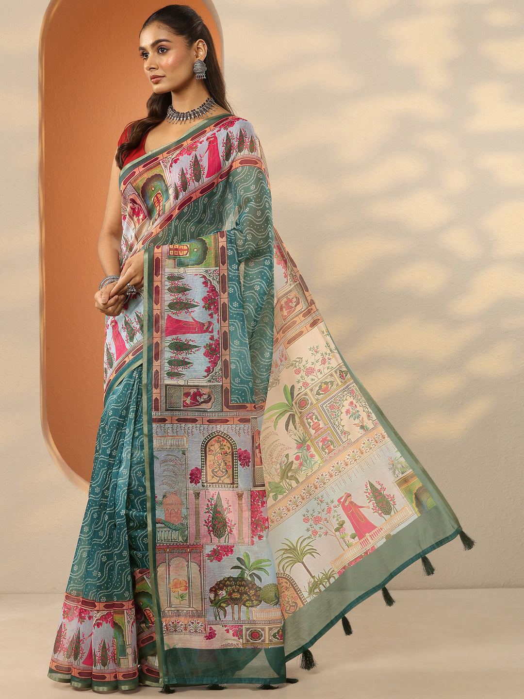 Blue Bandhani Printed Silk Blend Saree With Unstitched Blouse Piece