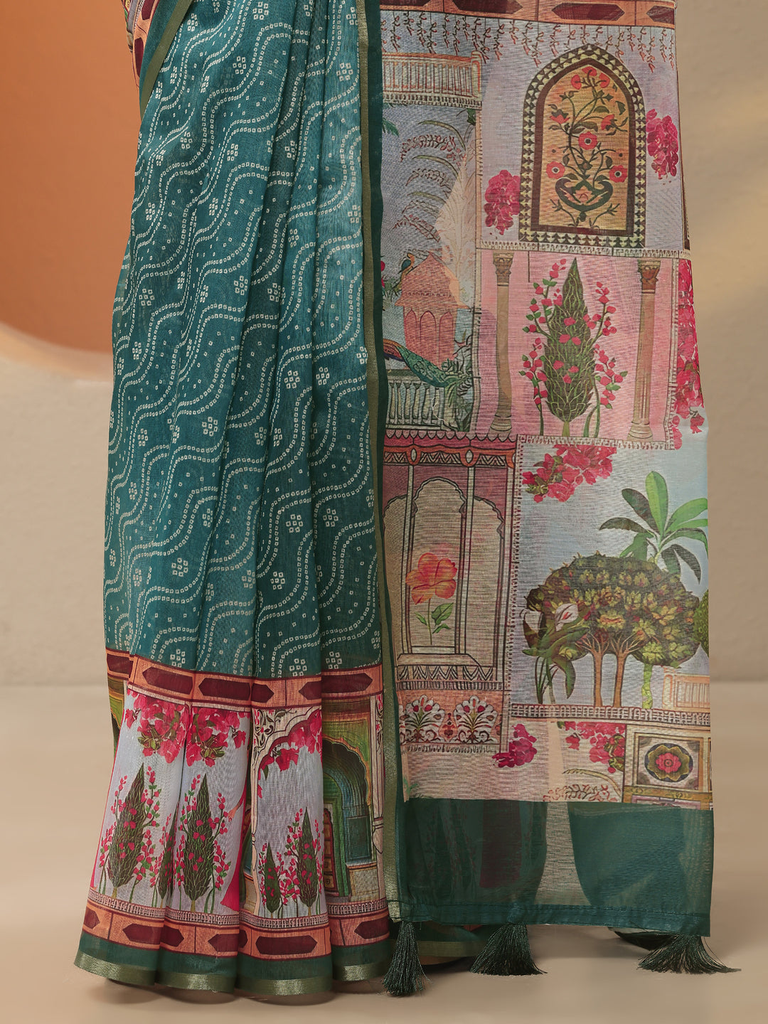 Blue Bandhani Printed Silk Blend Saree With Unstitched Blouse Piece