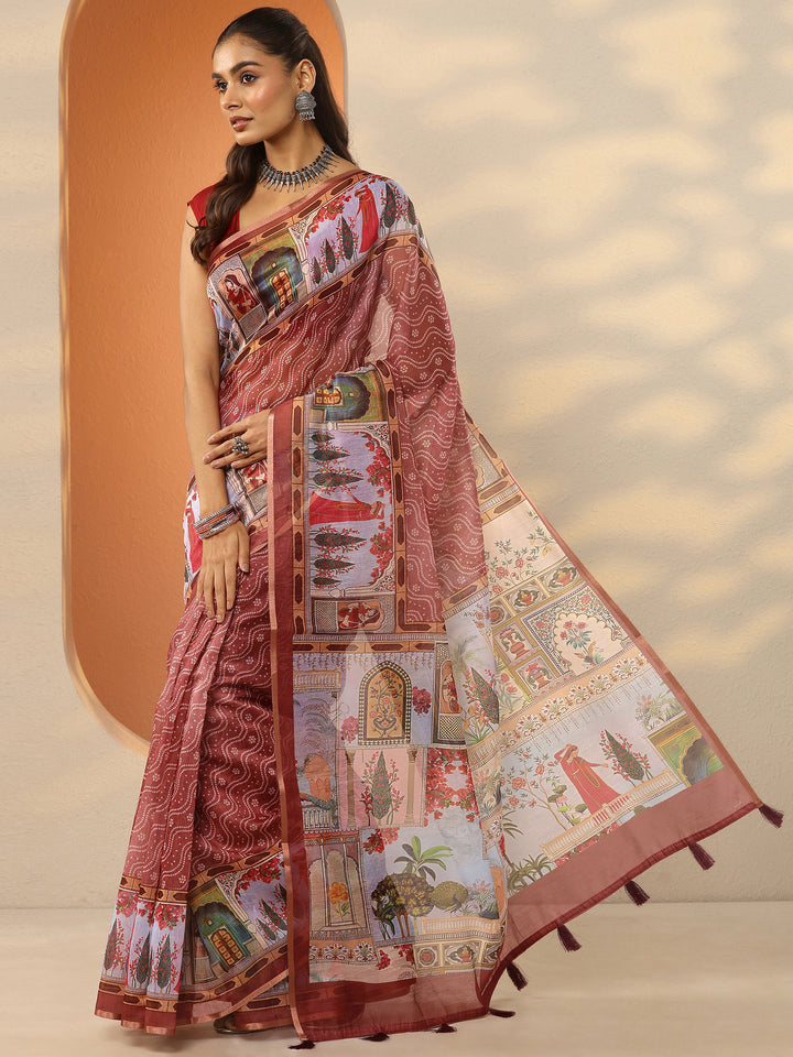 Brown Bandhani Printed Silk Blend Saree With Unstitched Blouse Piece