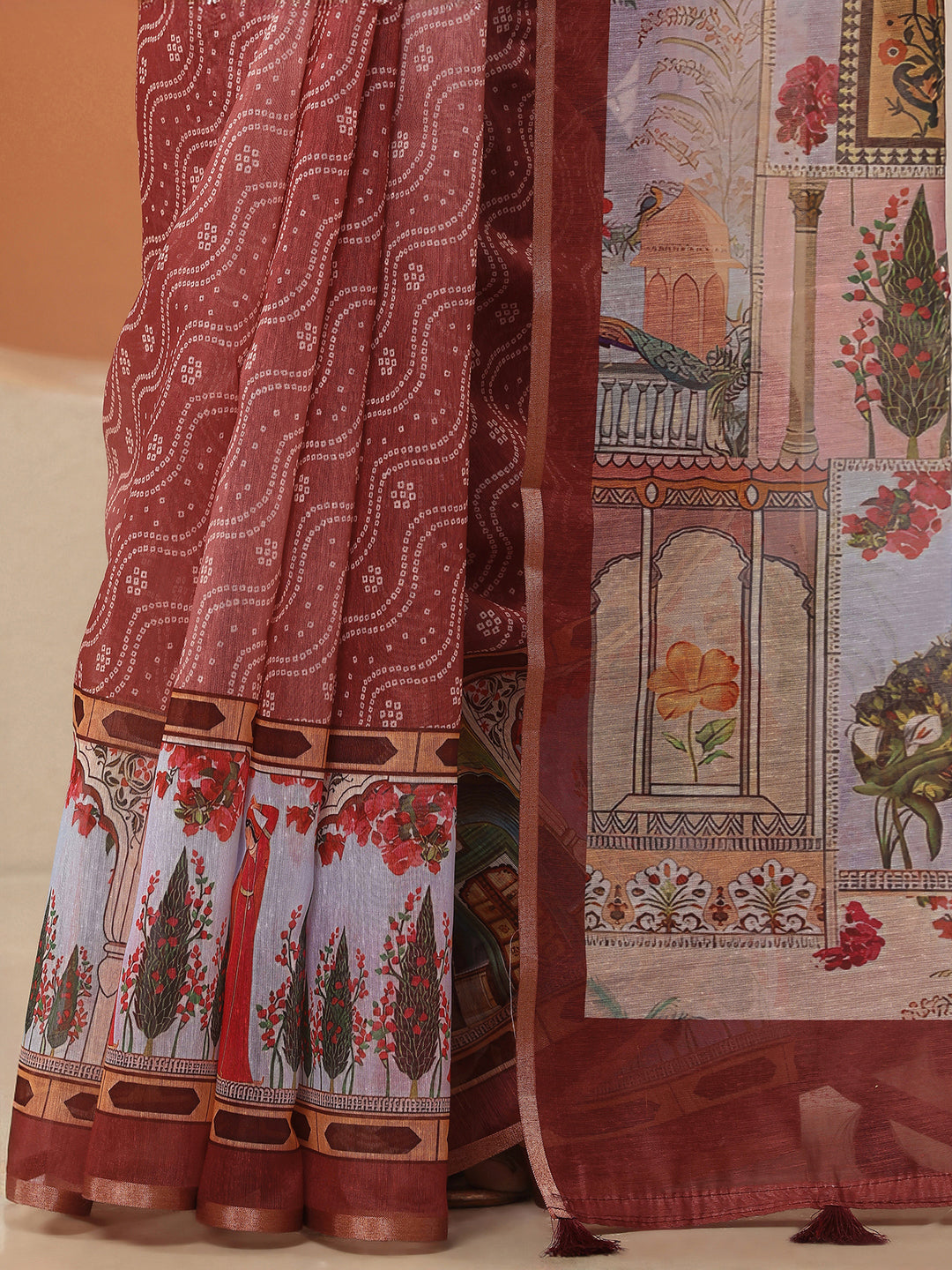Brown Bandhani Printed Silk Blend Saree With Unstitched Blouse Piece