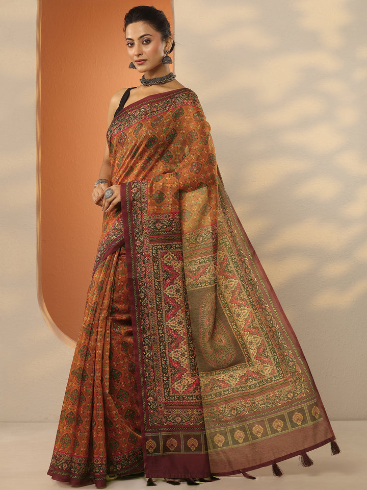 Multi Printed Silk Blend Saree With Unstitched Blouse Piece