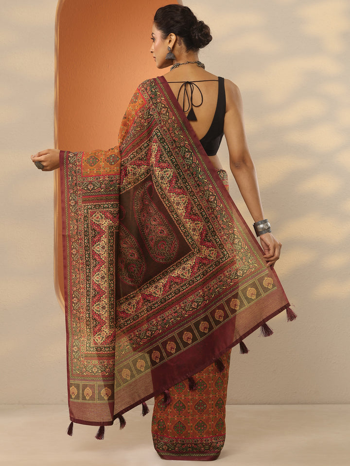 Multi Printed Silk Blend Saree With Unstitched Blouse Piece