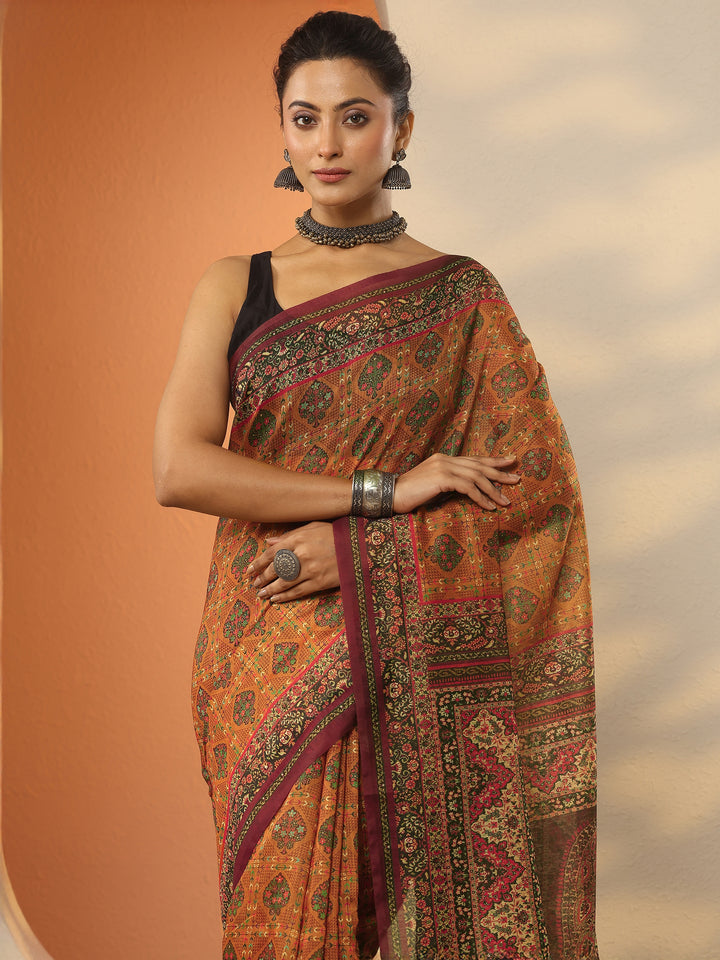 Multi Printed Silk Blend Saree With Unstitched Blouse Piece