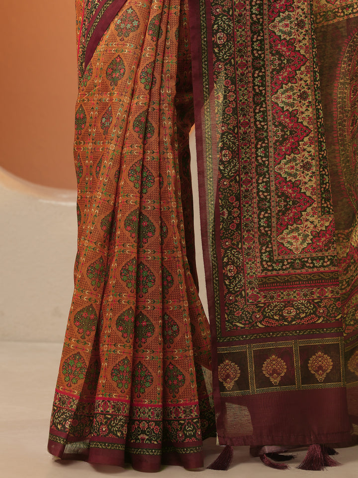 Multi Printed Silk Blend Saree With Unstitched Blouse Piece
