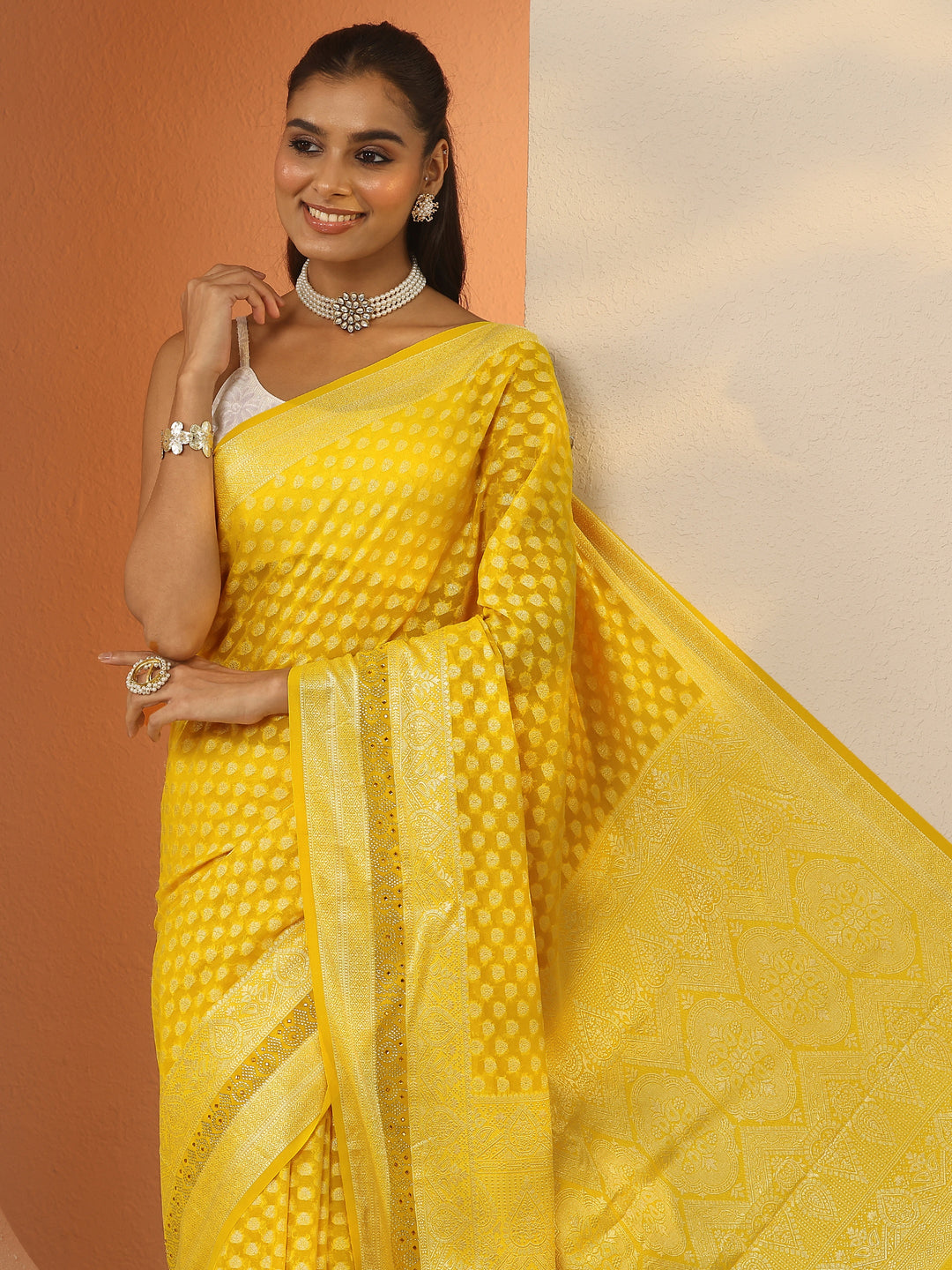 Yellow Woven Design Pure Georgette Saree With Unstitched Blouse Piece
