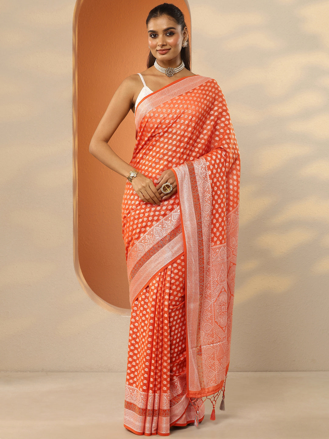 Orange Woven Design Pure Georgette Saree With Unstitched Blouse Piece