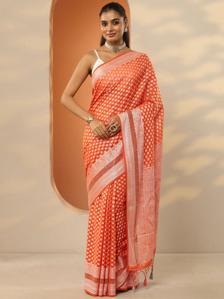 Orange Woven Design Pure Georgette Saree With Unstitched Blouse Piece