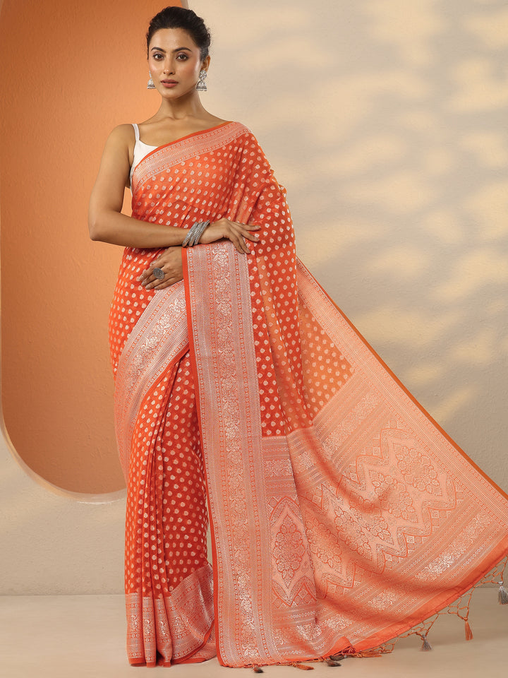 Orange Woven Design Pure Georgette Saree With Unstitched Blouse Piece