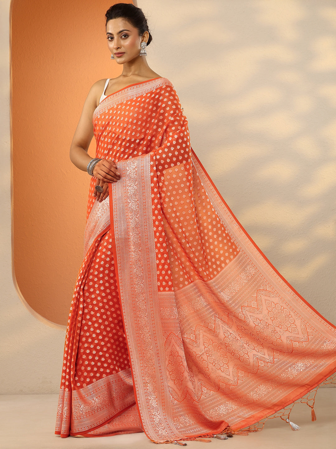 Orange Woven Design Pure Georgette Saree With Unstitched Blouse Piece