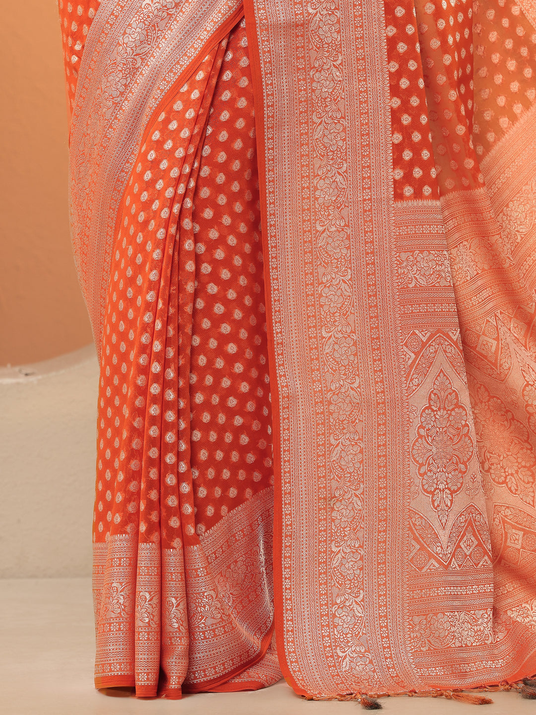 Orange Woven Design Pure Georgette Saree With Unstitched Blouse Piece