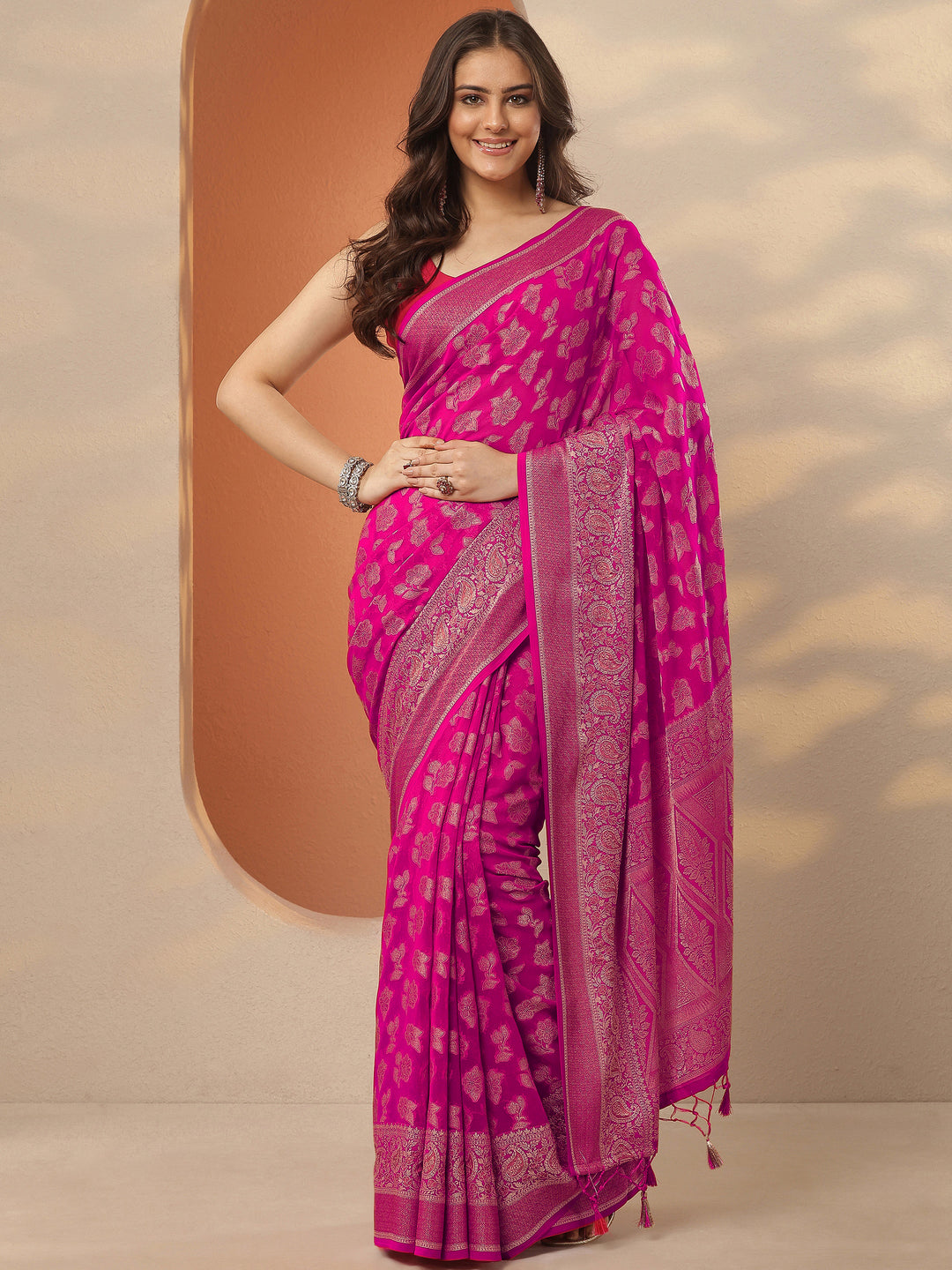 Pink Woven Design Pure Georgette Saree With Unstitched Blouse Piece