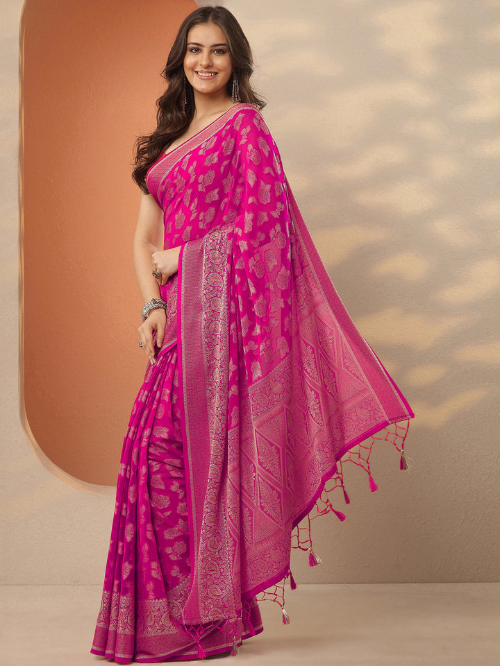 Pink Woven Design Pure Georgette Saree With Unstitched Blouse Piece