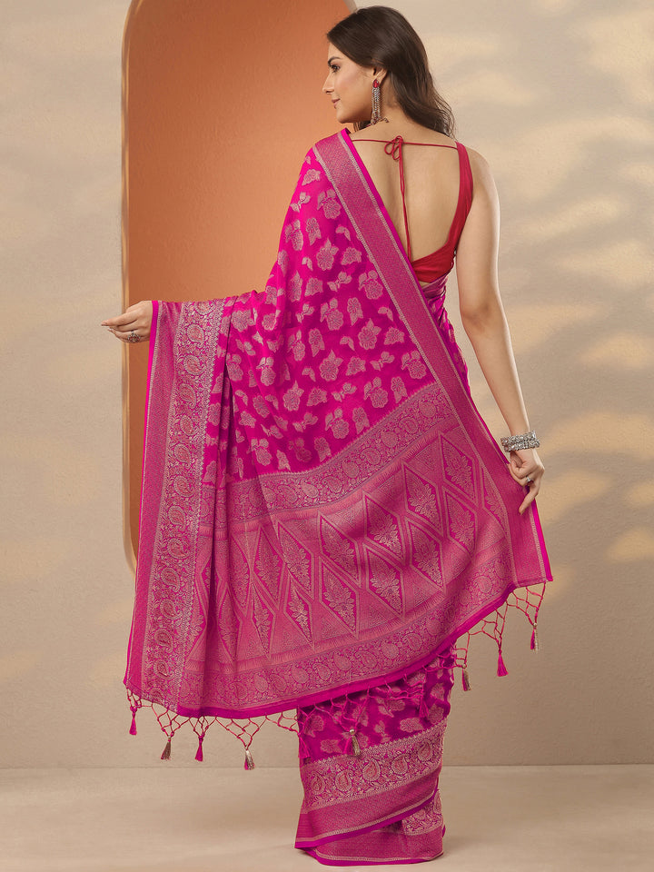 Pink Woven Design Pure Georgette Saree With Unstitched Blouse Piece