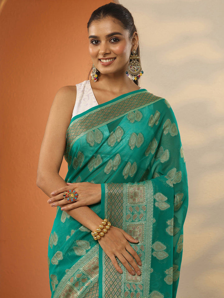 Green Woven Design Pure Georgette Saree With Unstitched Blouse Piece