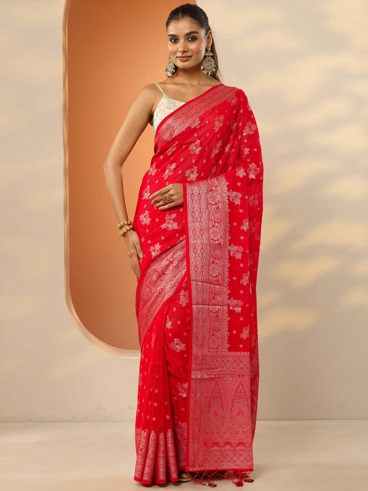 Red Woven Design Pure Georgette Saree With Unstitched Blouse Piece
