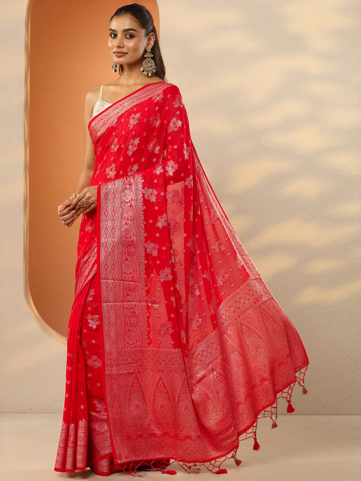 Red Woven Design Pure Georgette Saree With Unstitched Blouse Piece