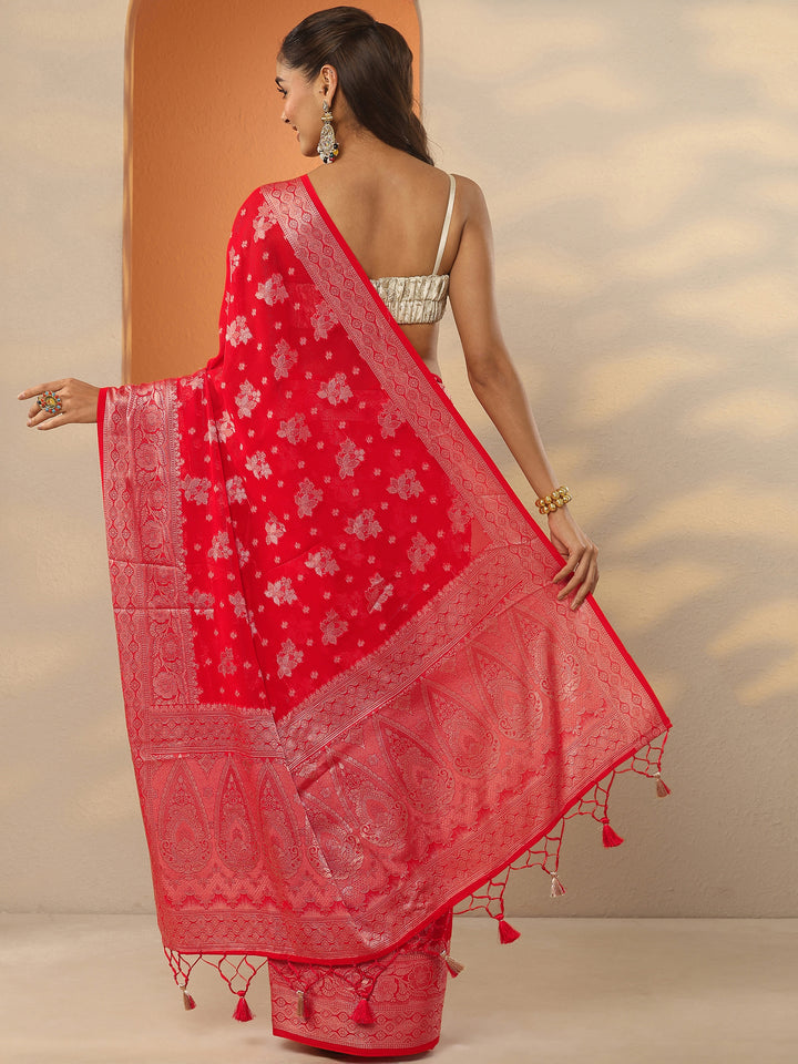 Red Woven Design Pure Georgette Saree With Unstitched Blouse Piece